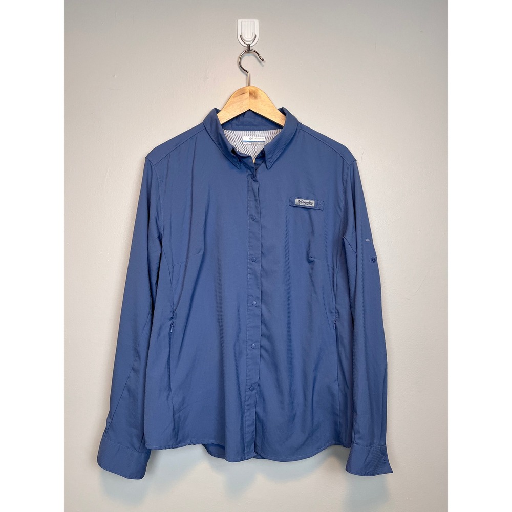 Columbia PFG Womens 1X Blue Long Sleeve Omni-Shade Fishing Hiking Shirt Button